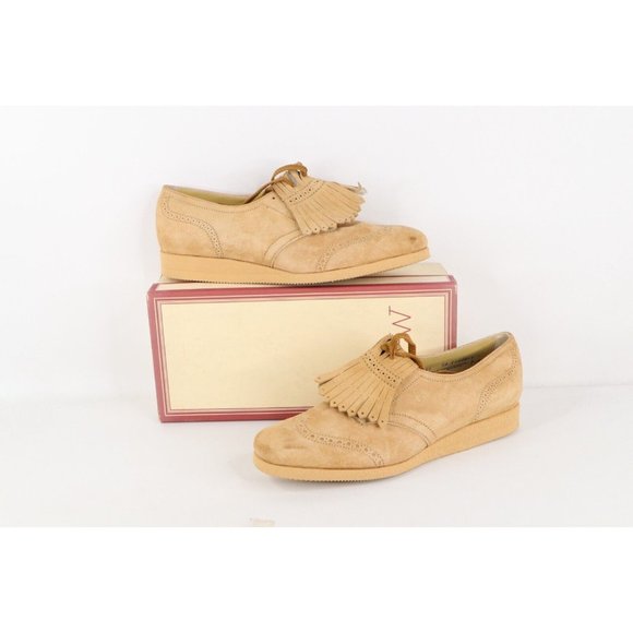 NOS Vintage 90s Streetwear Womens 11 2A Platform Pigskin Fringed Shoes Camel USA